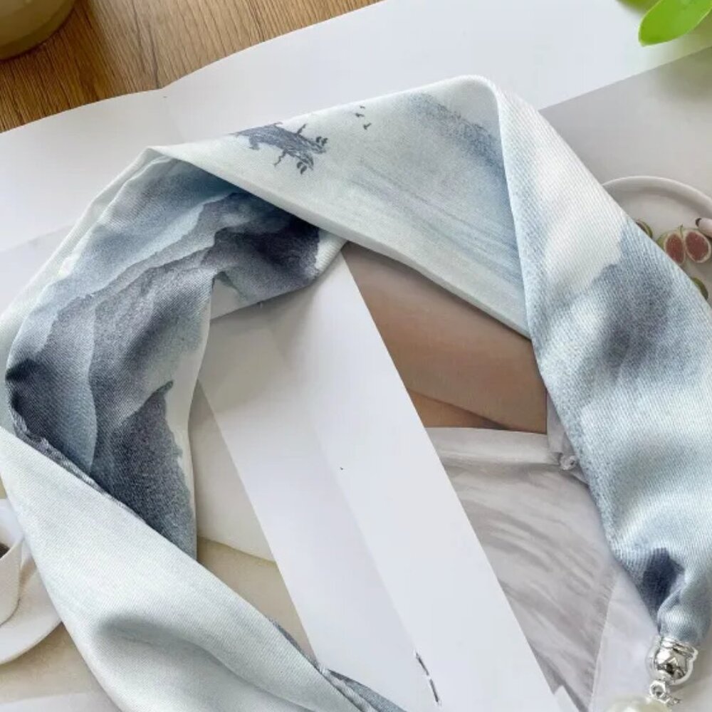 2/$30 Magnetic Snap Silky Blue Scarf Beads Pearl Headband Bandana Bag Decor - Picture 4 of 6